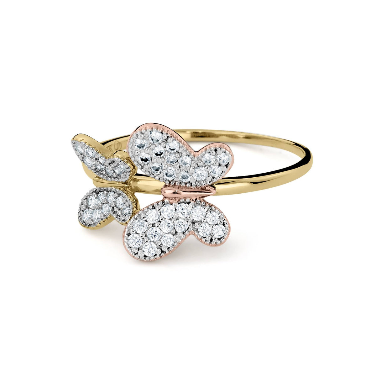 Profile view of a slim gold band featuring overlapping yellow and rose gold butterflies.