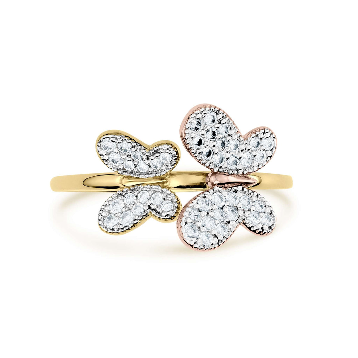 Two-tone gold butterfly ring with shimmering clear gemstones on a white background.