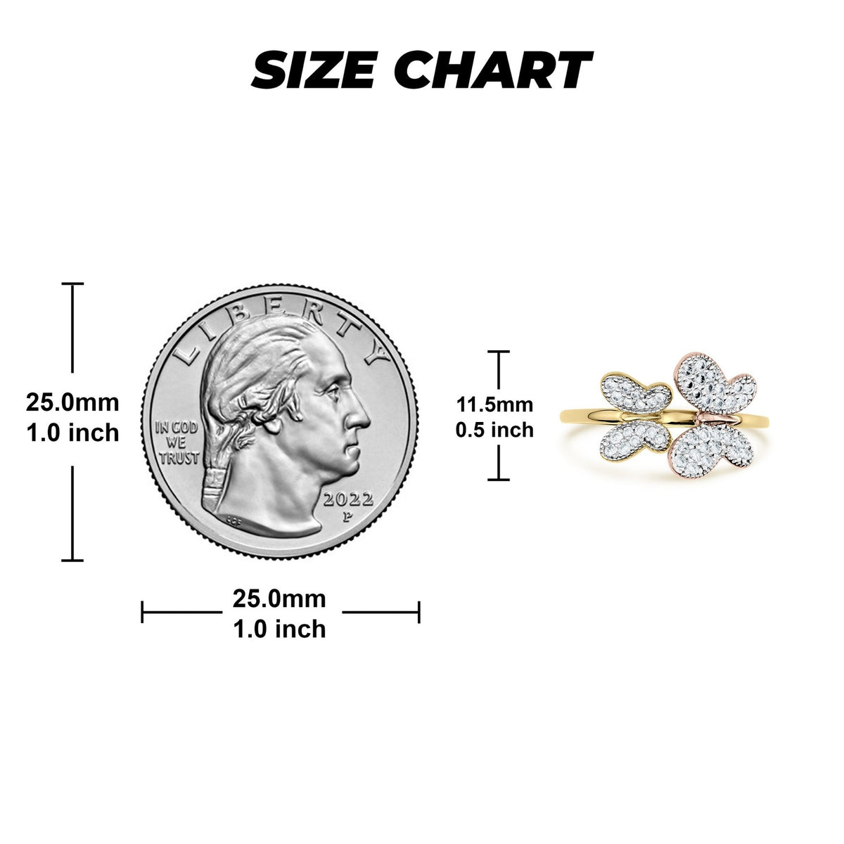 Size chart comparing 14k gold miley slim butterfly two-tone CZ ring to a quarter.