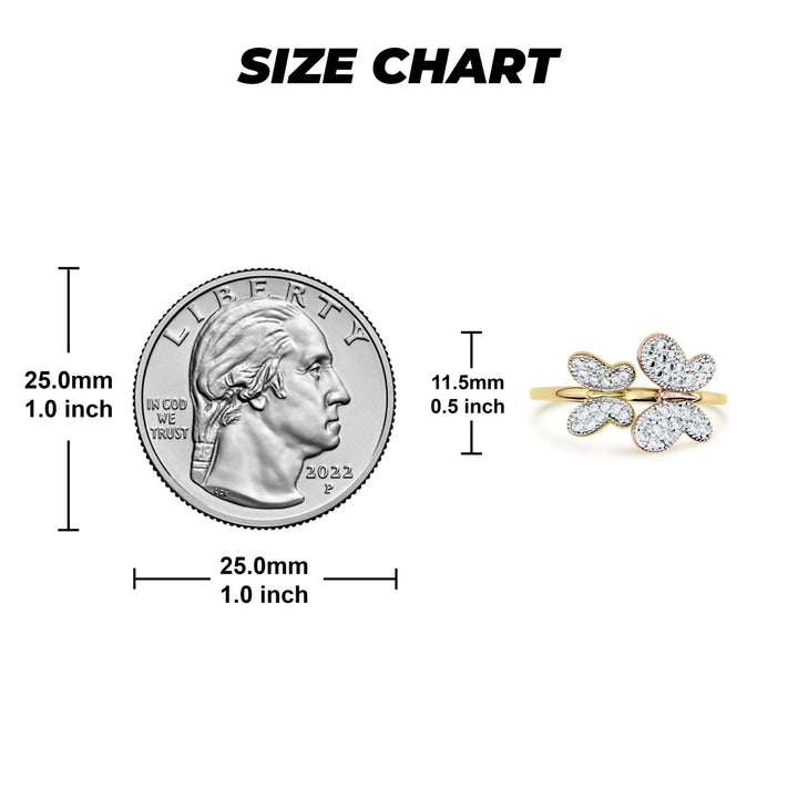 Size chart comparing 14k gold miley slim butterfly two-tone CZ ring to a quarter.