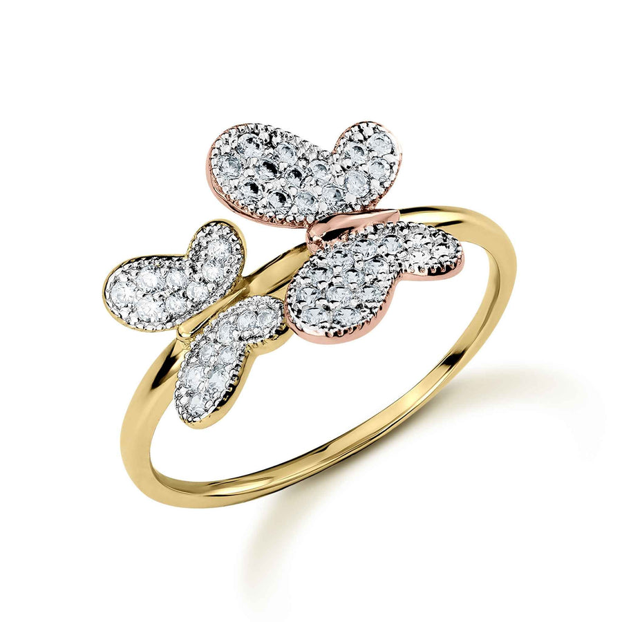 Slim yellow gold ring featuring two butterfly charms with white crystals and rose gold accents.