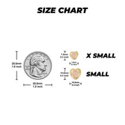 Size comparison chart showing Guadalupe heart stud earrings next to a US quarter.