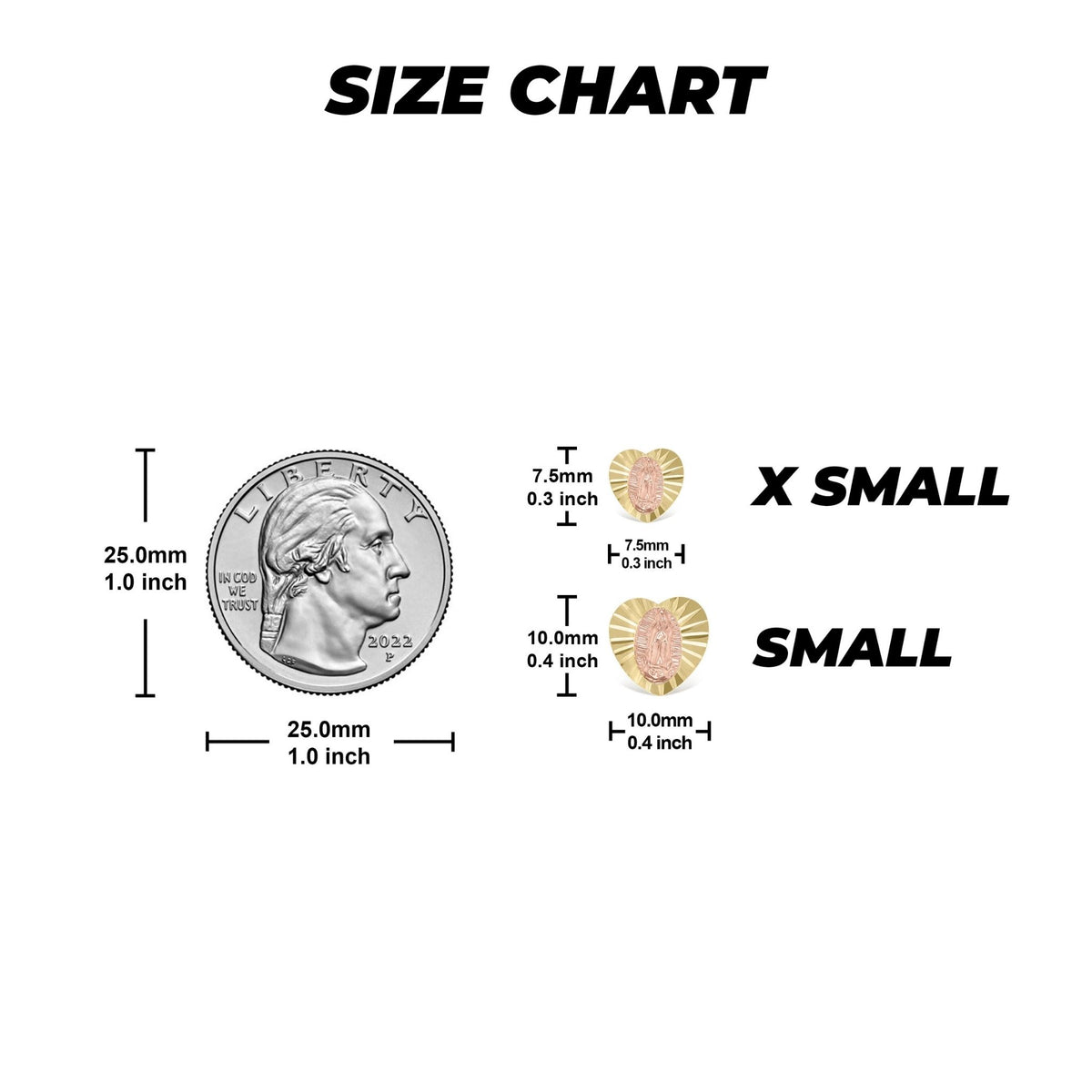 Size comparison chart showing Guadalupe heart stud earrings next to a US quarter.