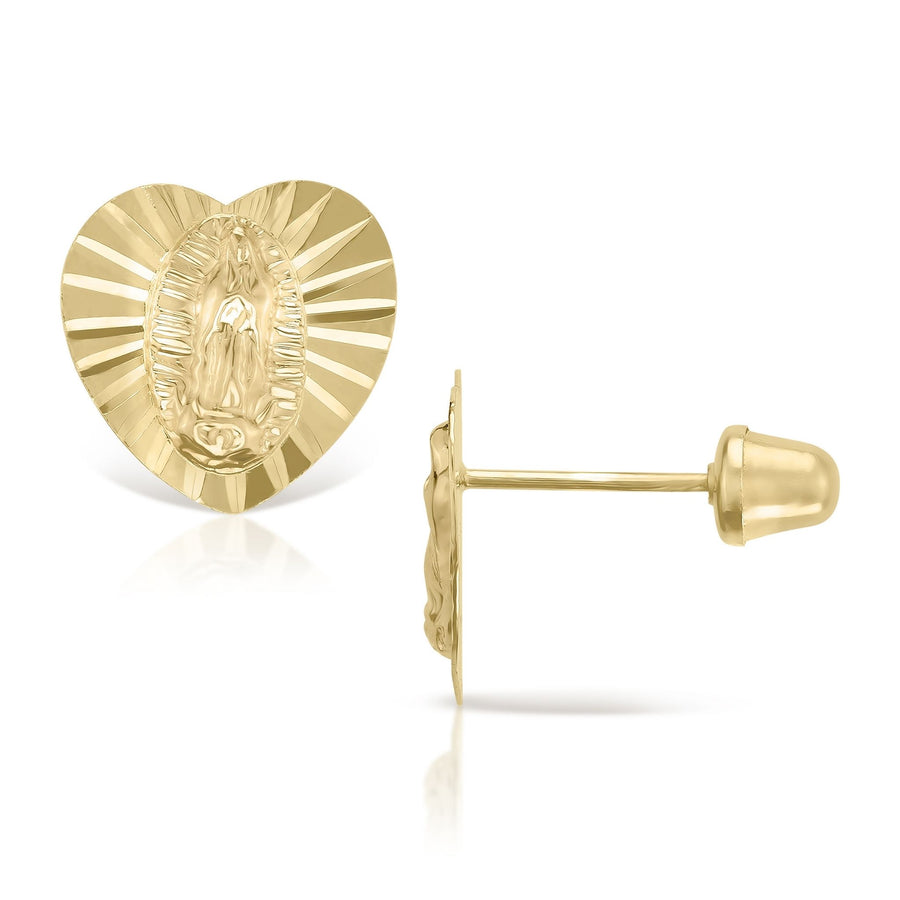 Front and side view of 14k gold heart stud earrings with Guadalupe Virgin Mary detail.