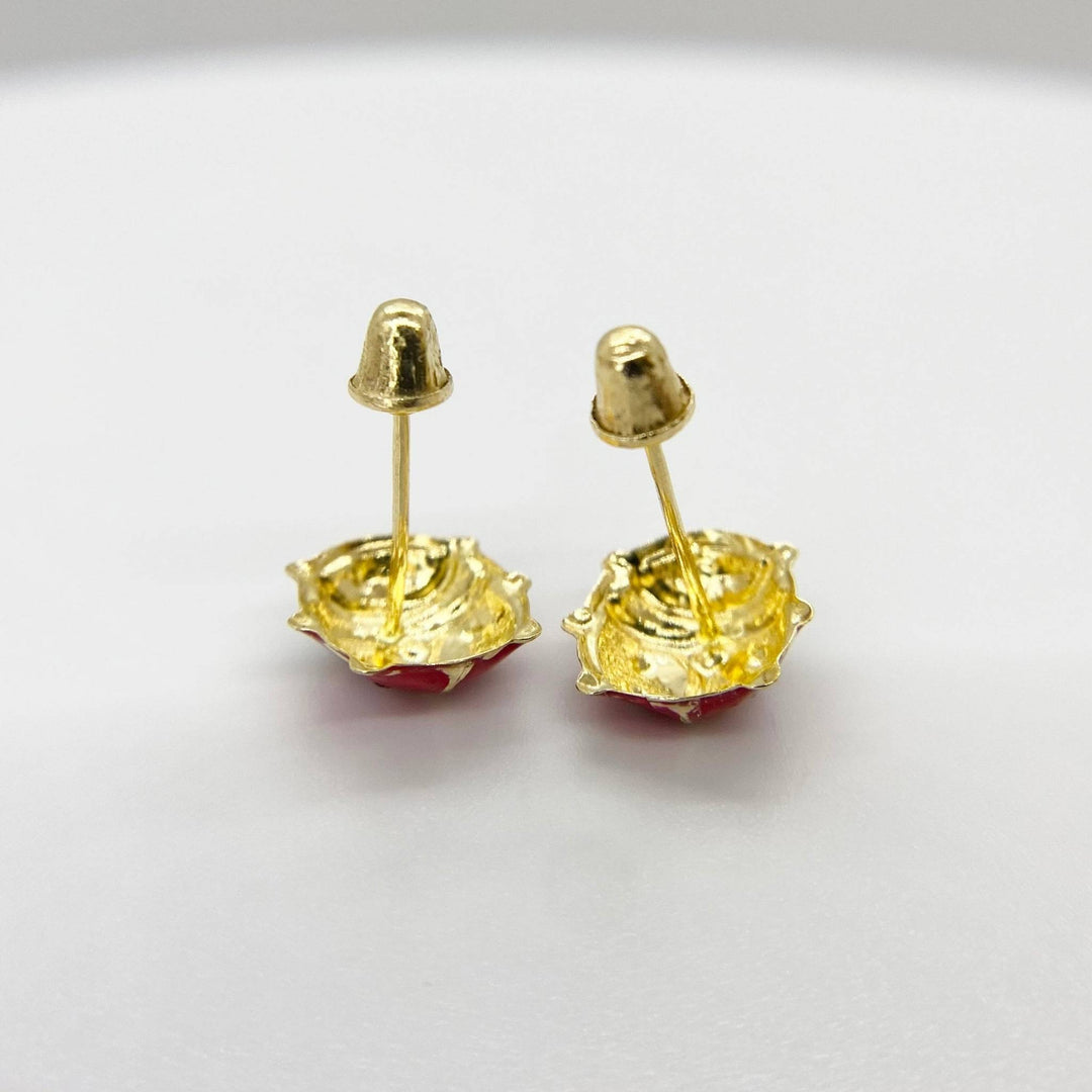 Back view of 14k gold ladybug stud earrings showing posts and secure screw backs.