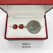 14k gold Medium 9.5mm ladybug stud earrings shown next to a US quarter for size reference.