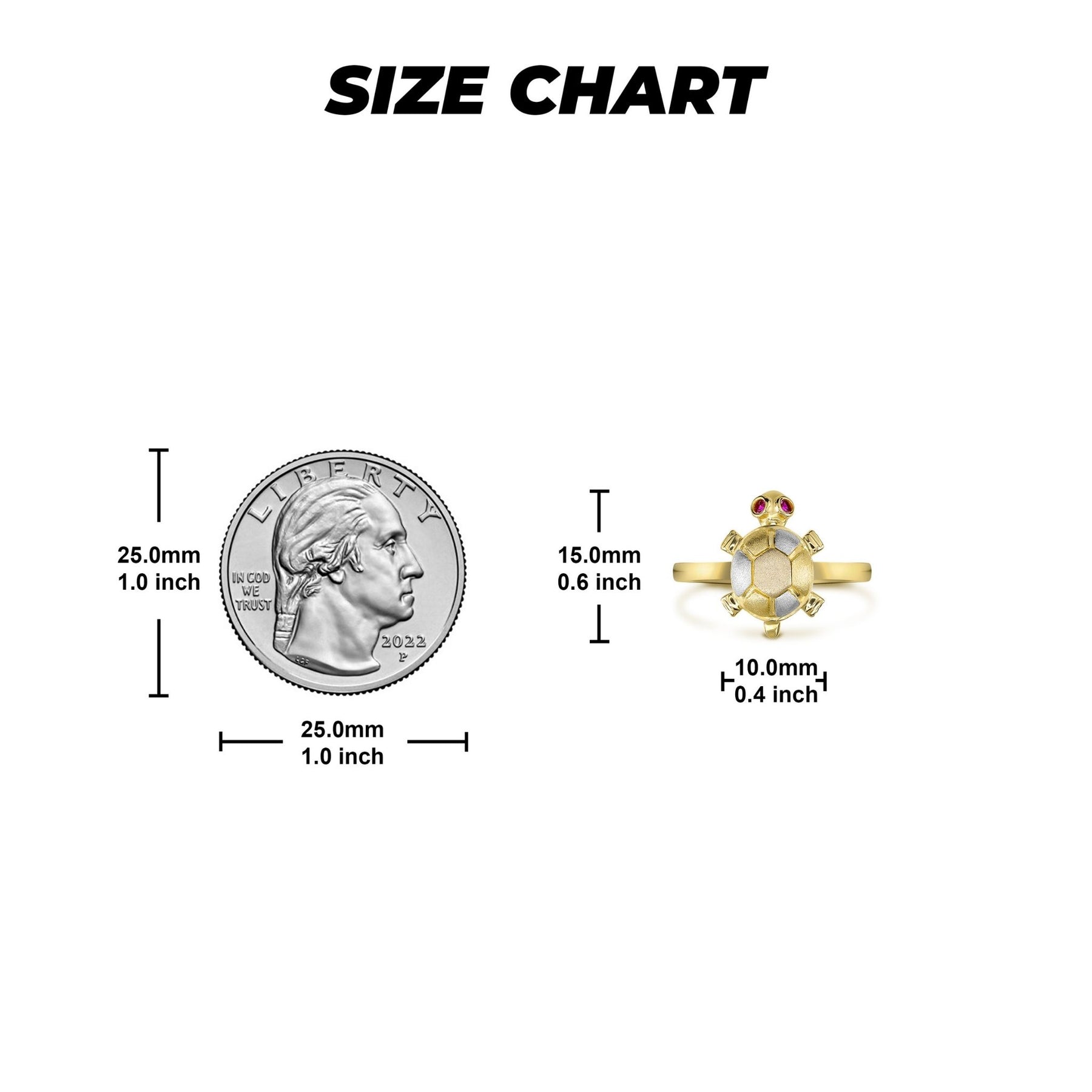 Visual size comparison scale of a tri-color gold turtle ring beside a coin.