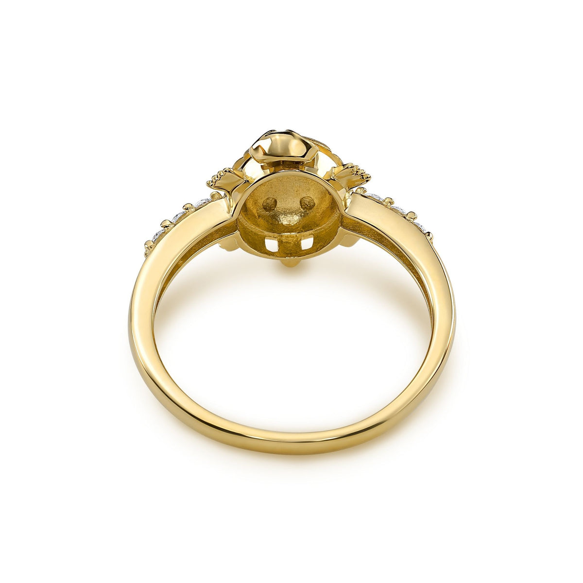 Rear view of a 14k tri-color gold turtle ring showing the inner band.