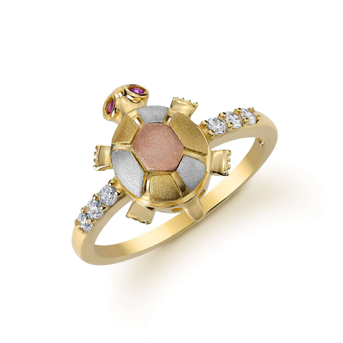 Angled view of a 14k gold tri-color turtle ring set with cubic zirconia