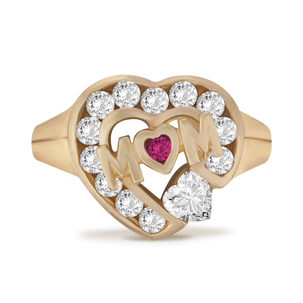 Gold heart ring featuring 'MOM' lettering and a pink heart-shaped center stone.