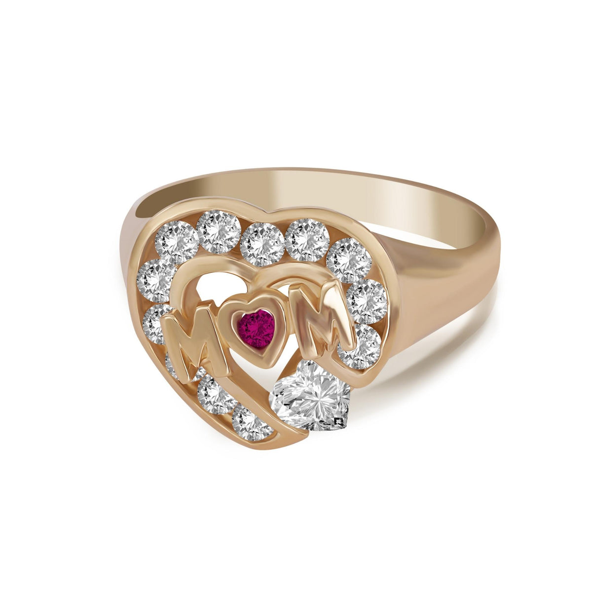 14k Gold Mom Heart Ciel Ring featuring a pink gemstone and crystal heart.