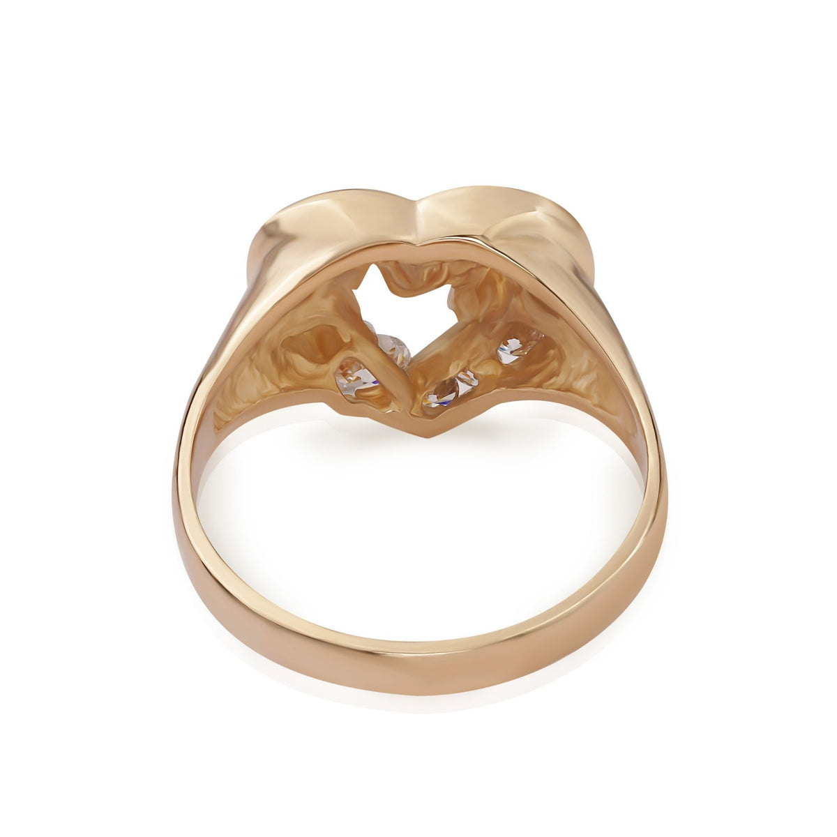Inside view of a gold heart ring showcasing the reverse side of 'MOM'