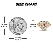 Visual size guide displaying dimensions of the gold Mom heart ring next to a quarter.