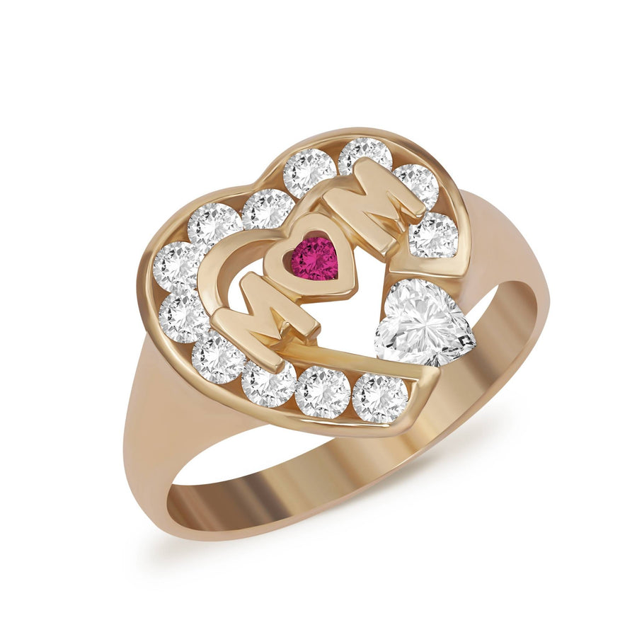 Gold heart ring with 'MOM' lettering, a pink heart stone, and crystal border.
