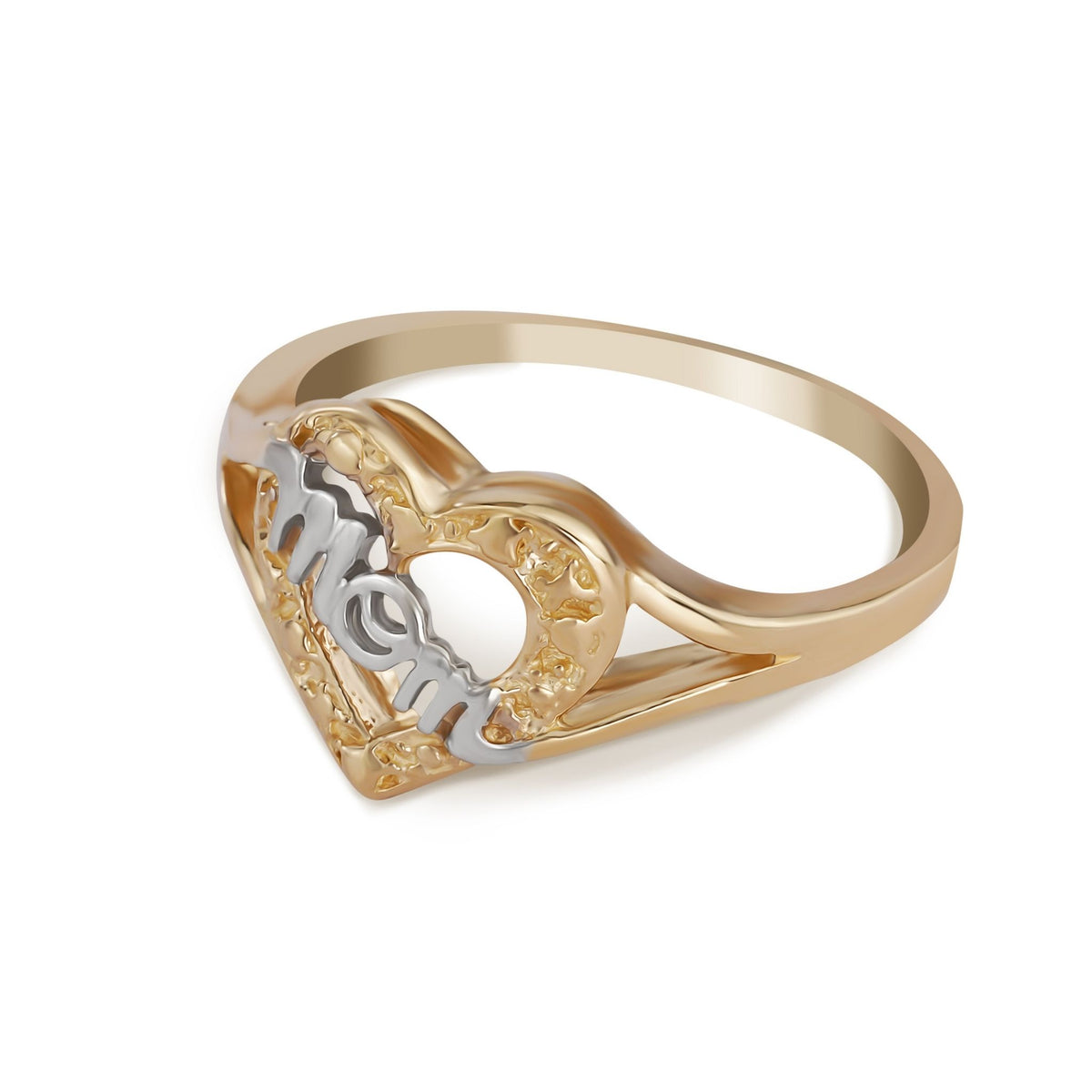 14k gold nugget-textured heart ring featuring a cursive white gold 'MOM' centerpiece.