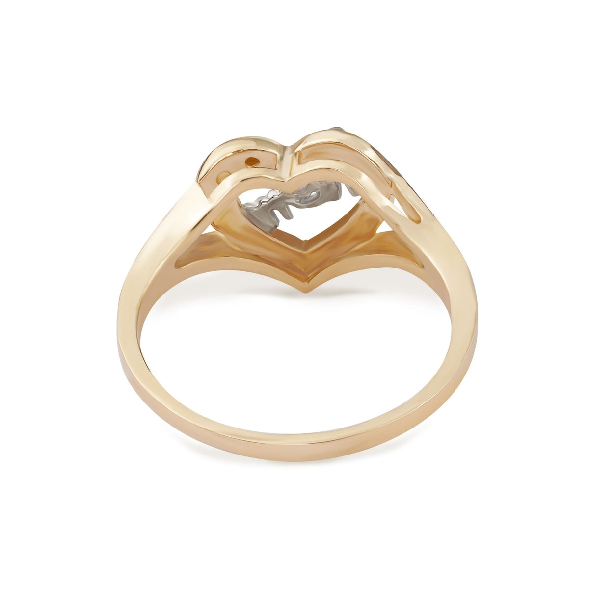 Inner band view of a two-tone ring displaying the open-back nugget heart design.