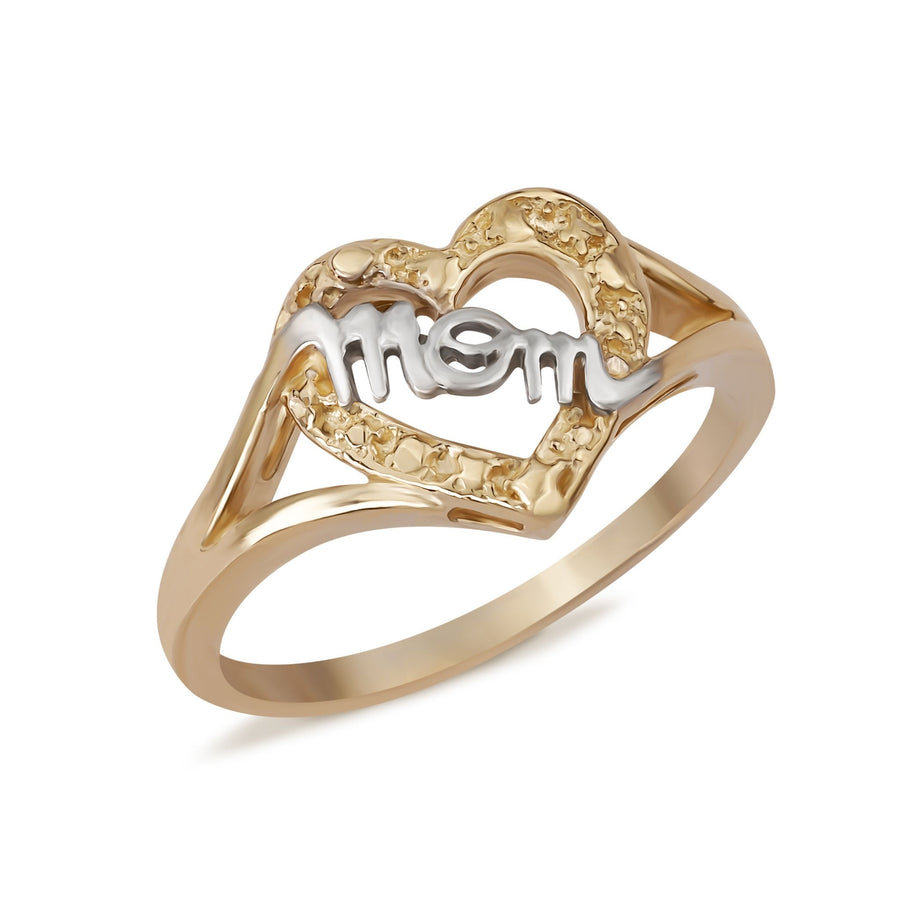 14k gold nugget heart ring featuring a white gold 'MOM' inscription.