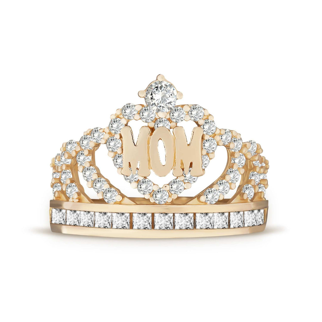 14k gold tiara crown ring with 'MOM' lettering and sparkling cubic zirconia stones.