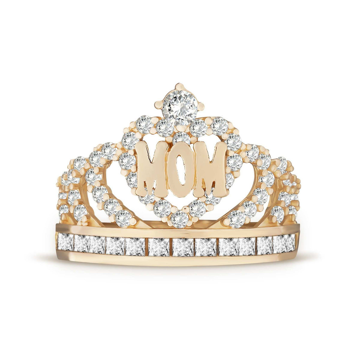 14k gold tiara crown ring with 'MOM' lettering and sparkling cubic zirconia stones.