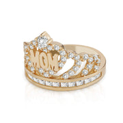 Side-angled view of a 14k gold crown ring featuring 'MOM' and cubic zirconia.