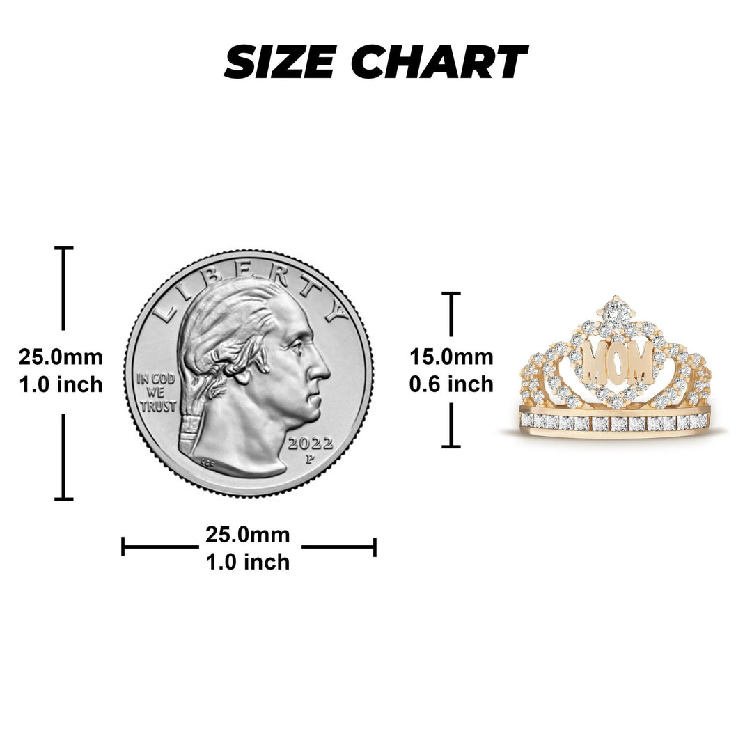 Size chart comparing a US quarter to the gold Mom queen crown ring.