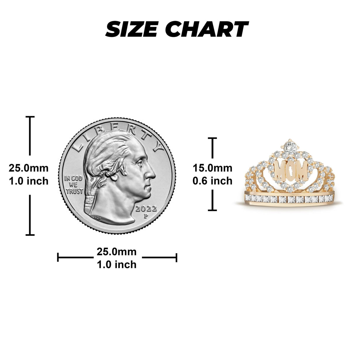 Size chart comparing a US quarter to the gold Mom queen crown ring.