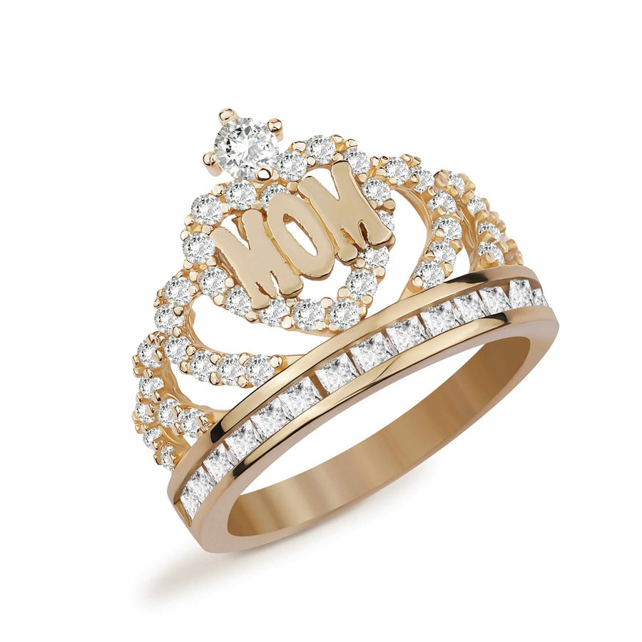 14k gold tiara crown ring featuring 'MOM' lettering inside a cubic zirconia heart frame.