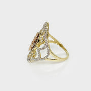 14k Gold Quinceanera ring with floral design sideview on a white background