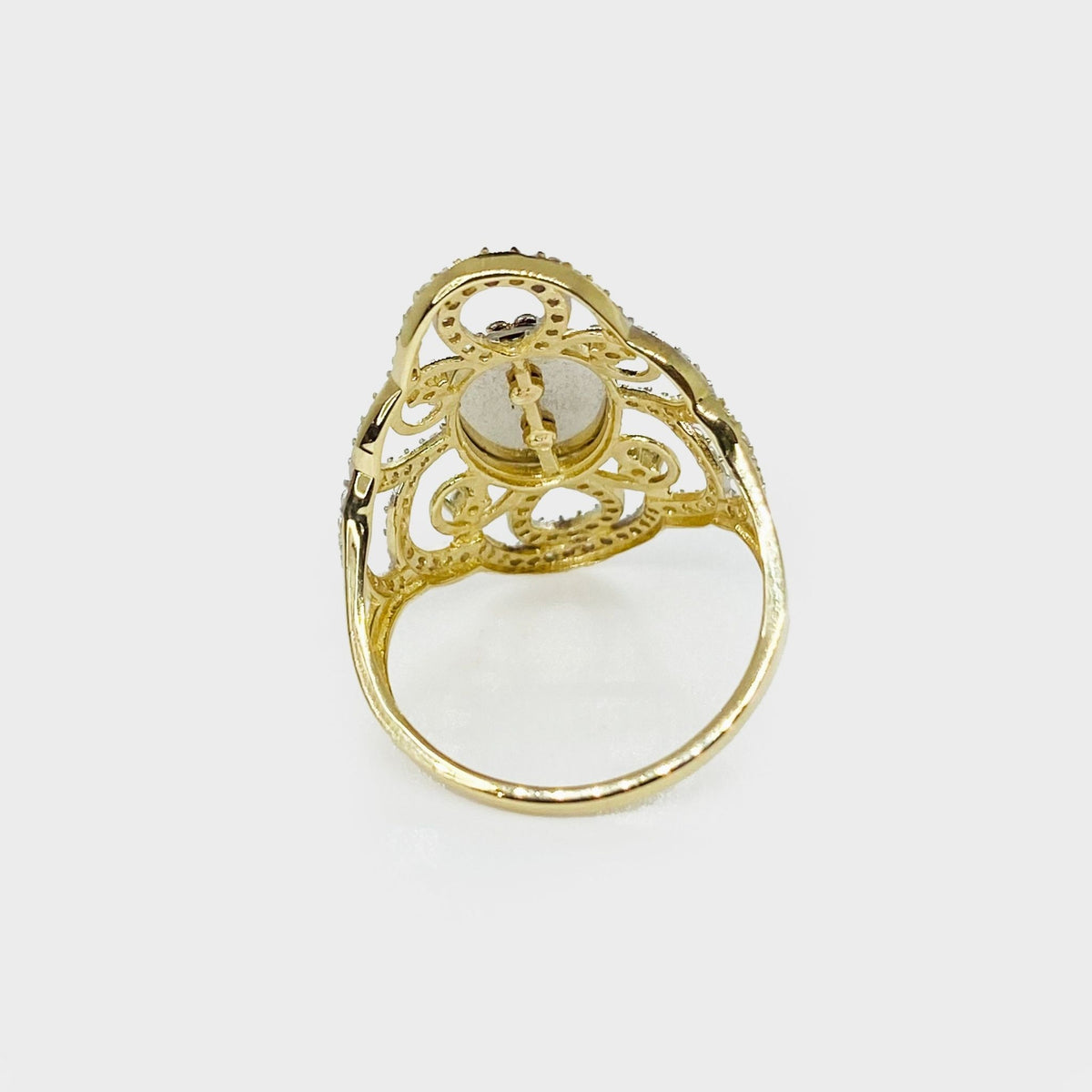 14k Gold Quinceanera ring with intricate design back view on a white background