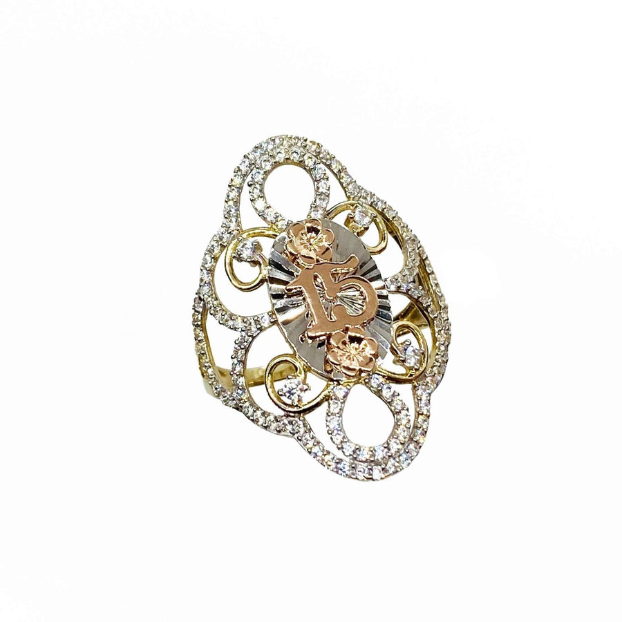 14k Gold and white gold Quinceanera ring with intricate design on a white background