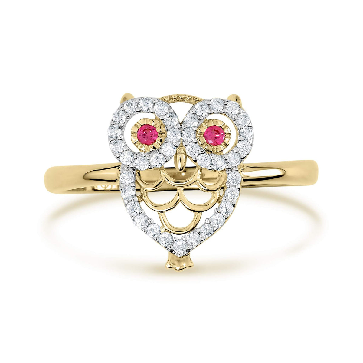 Yellow gold owl ring featuring a heart-shaped body encrusted with white cubic zirconia.