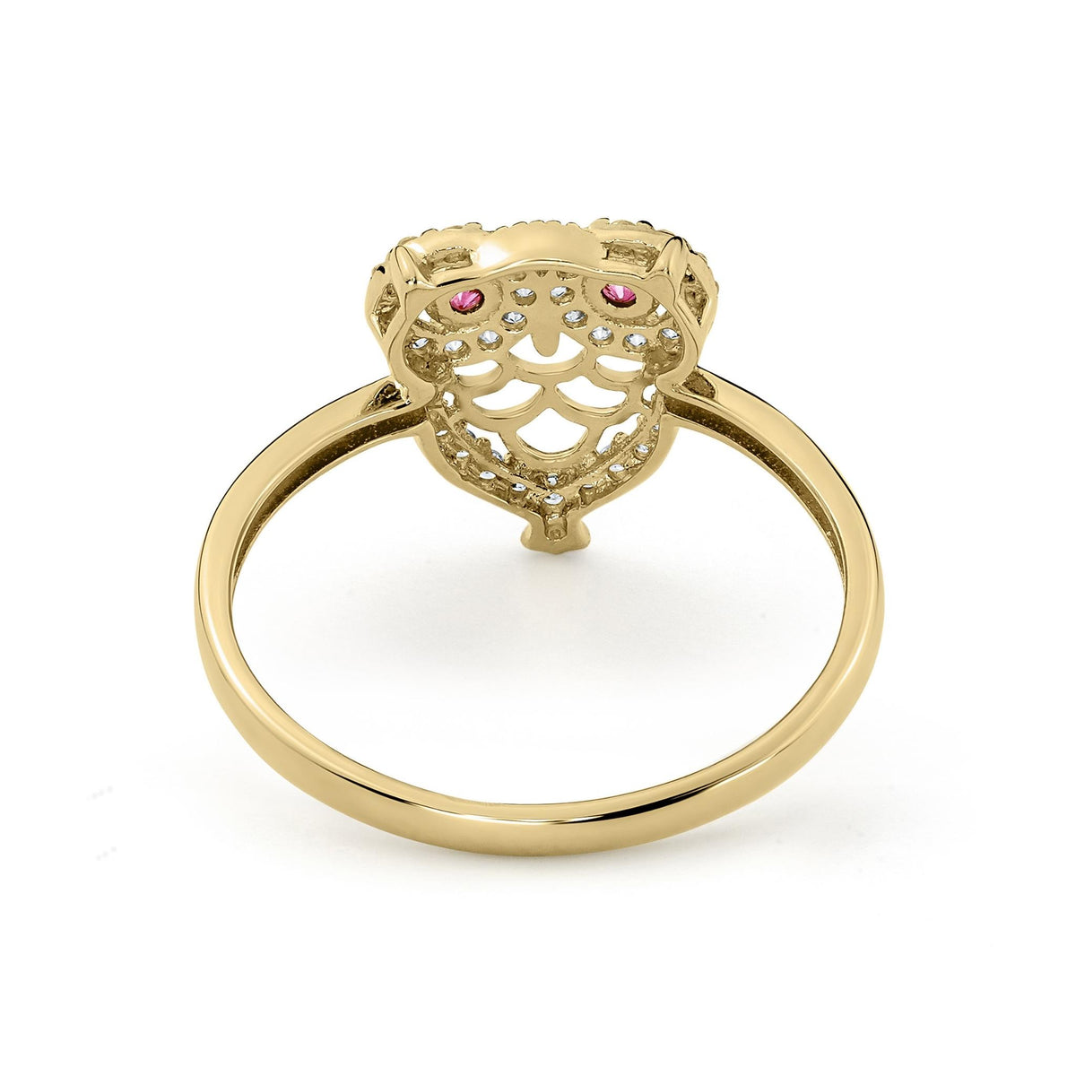 Back view of 14k gold noir mini owl CZ ring showing inner band.
