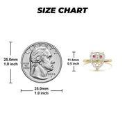 Size chart comparing 14k gold noir mini owl CZ ring to a quarter.