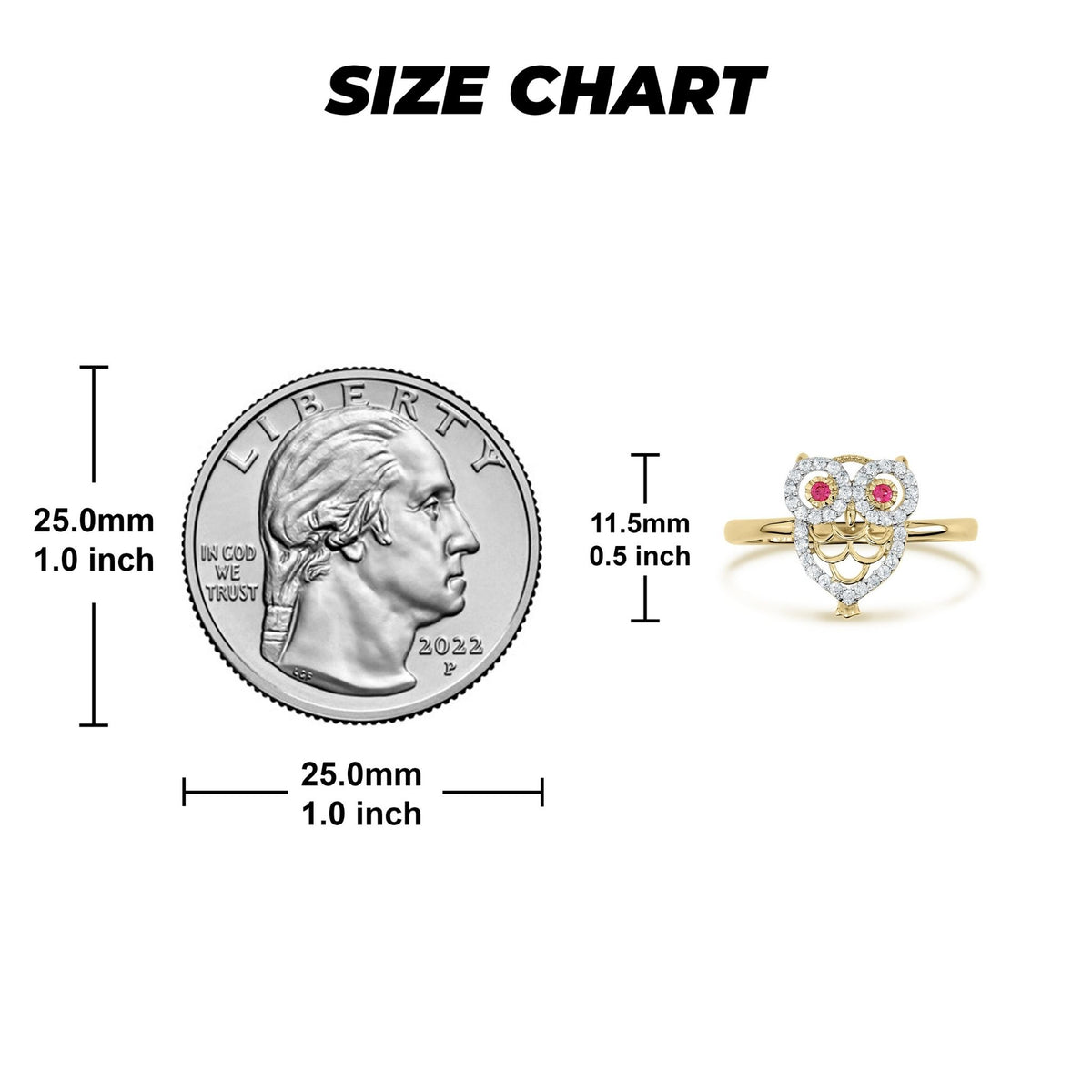 Size chart comparing 14k gold noir mini owl CZ ring to a quarter.