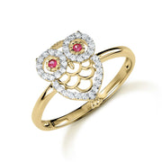 14k gold noir mini owl CZ ring with red and white stones.