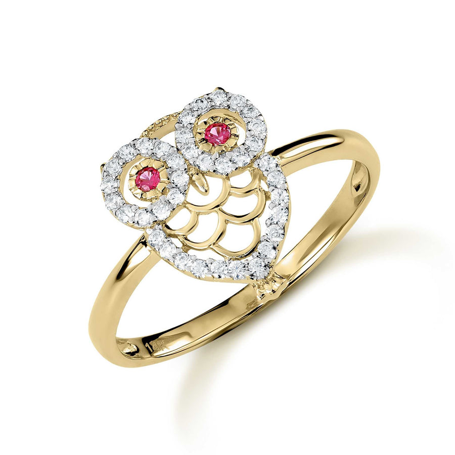 14k gold noir mini owl CZ ring with red and white stones.