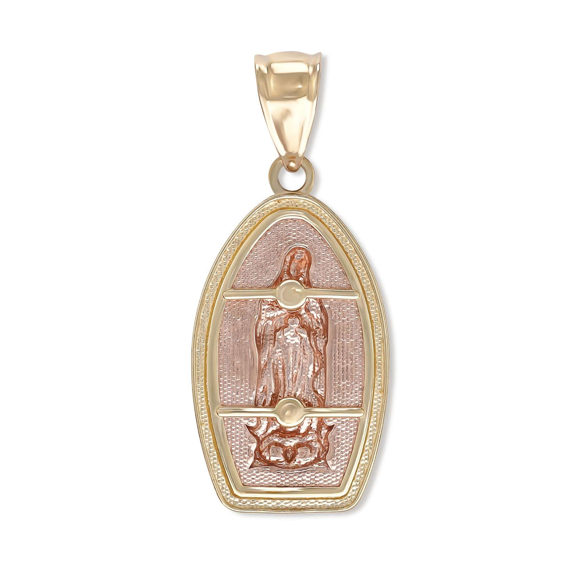 The textured hollow back view of the tri-color gold Guadalupe pendant on white.