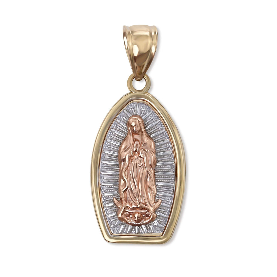 A tri-color gold Our Lady of Guadalupe pendant with textured details on white.