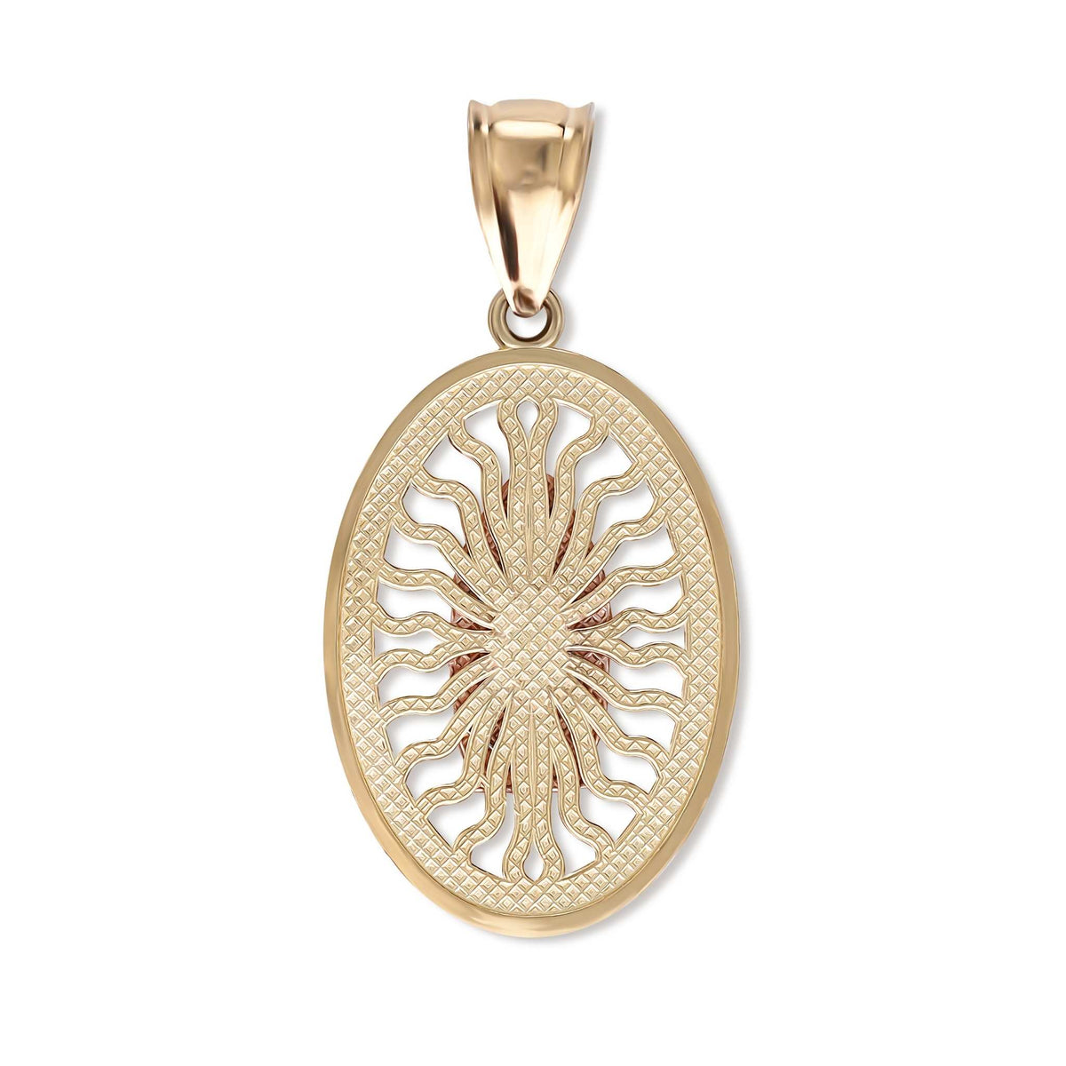 The textured hollow back view of the two-tone gold Guadalupe pendant on white.