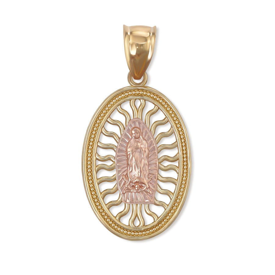 An oval two-tone gold pendant featuring Our Lady of Guadalupe on a white background.