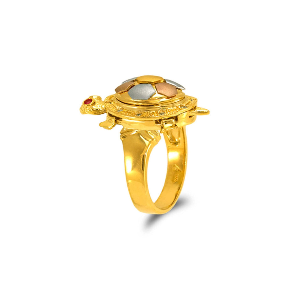 14k Gold ring with turtle design, elevated top on a white background