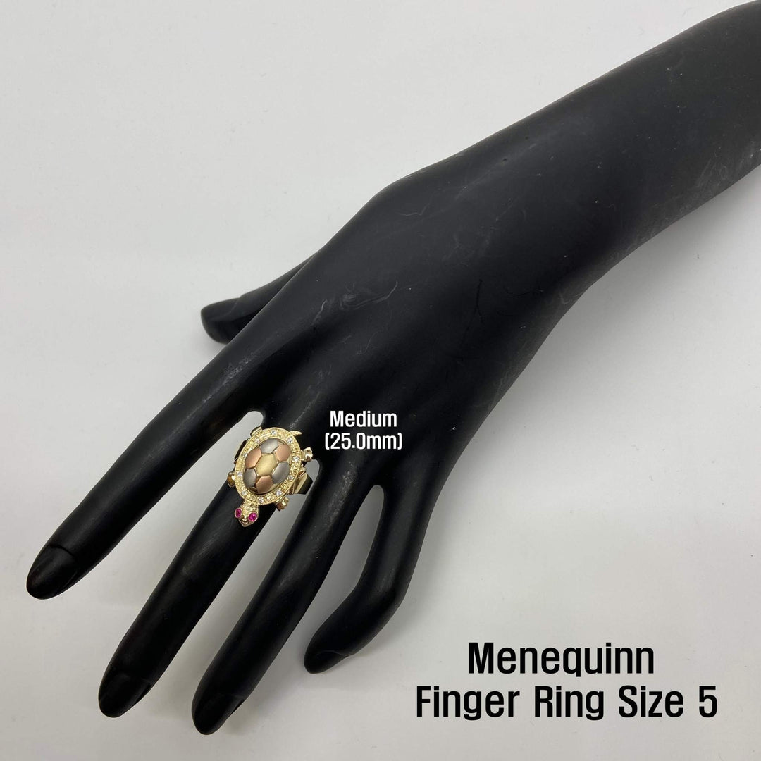 14k gold turtle Ring on a black mannequin hand with size label 