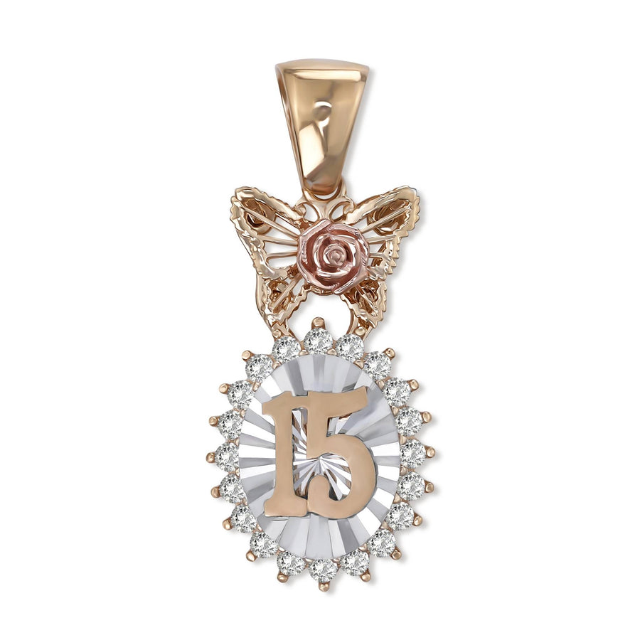 Tri-color gold quinceañera pendant with a butterfly, number 15, and cubic zirconia on white.