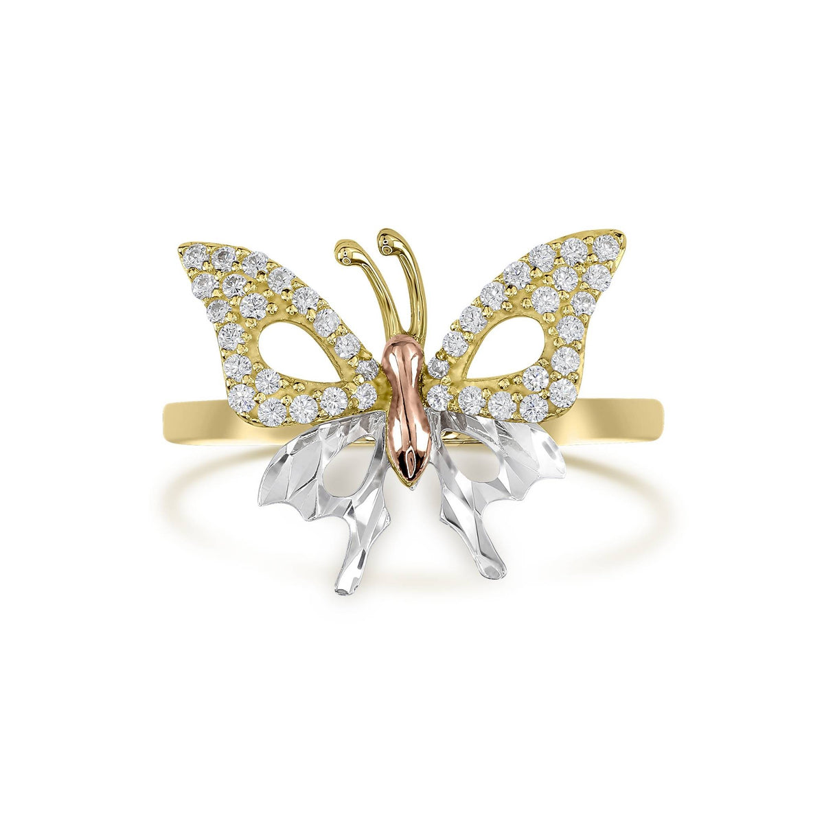 Tricolor gold butterfly ring with cubic zirconia on upper wings and a diamond-cut finish.