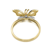 Back angle of a 14k tricolor gold butterfly ring highlighting the band construction.