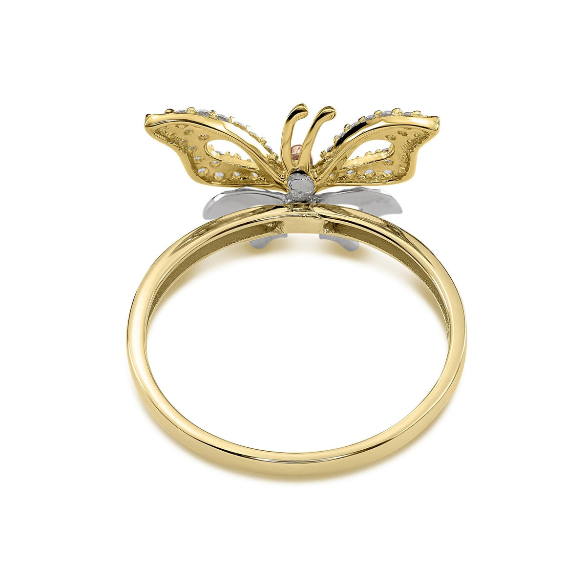 Back angle of a 14k tricolor gold butterfly ring highlighting the band construction.