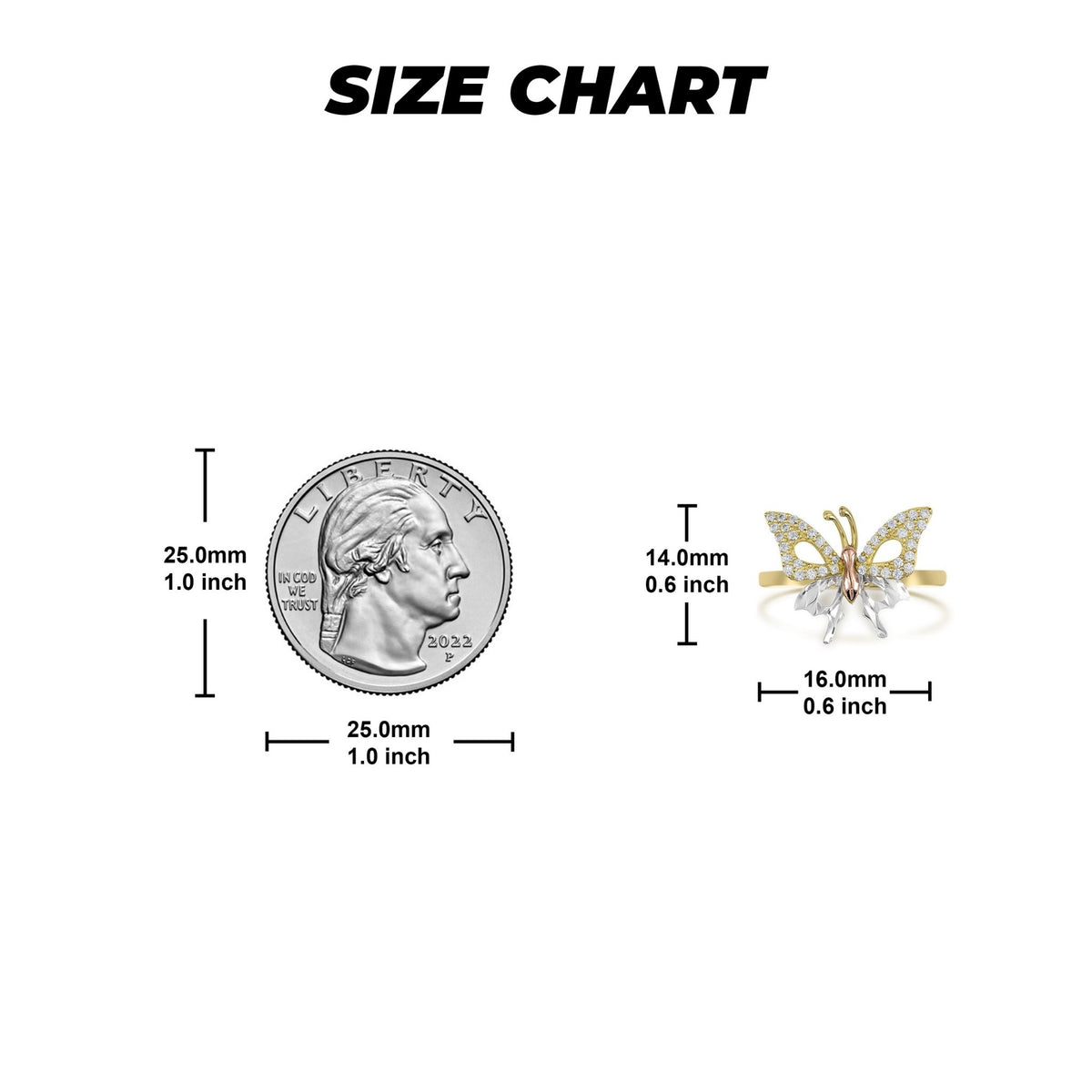 Ring size chart showing a 14mm by 16mm butterfly ring next to a quarter.