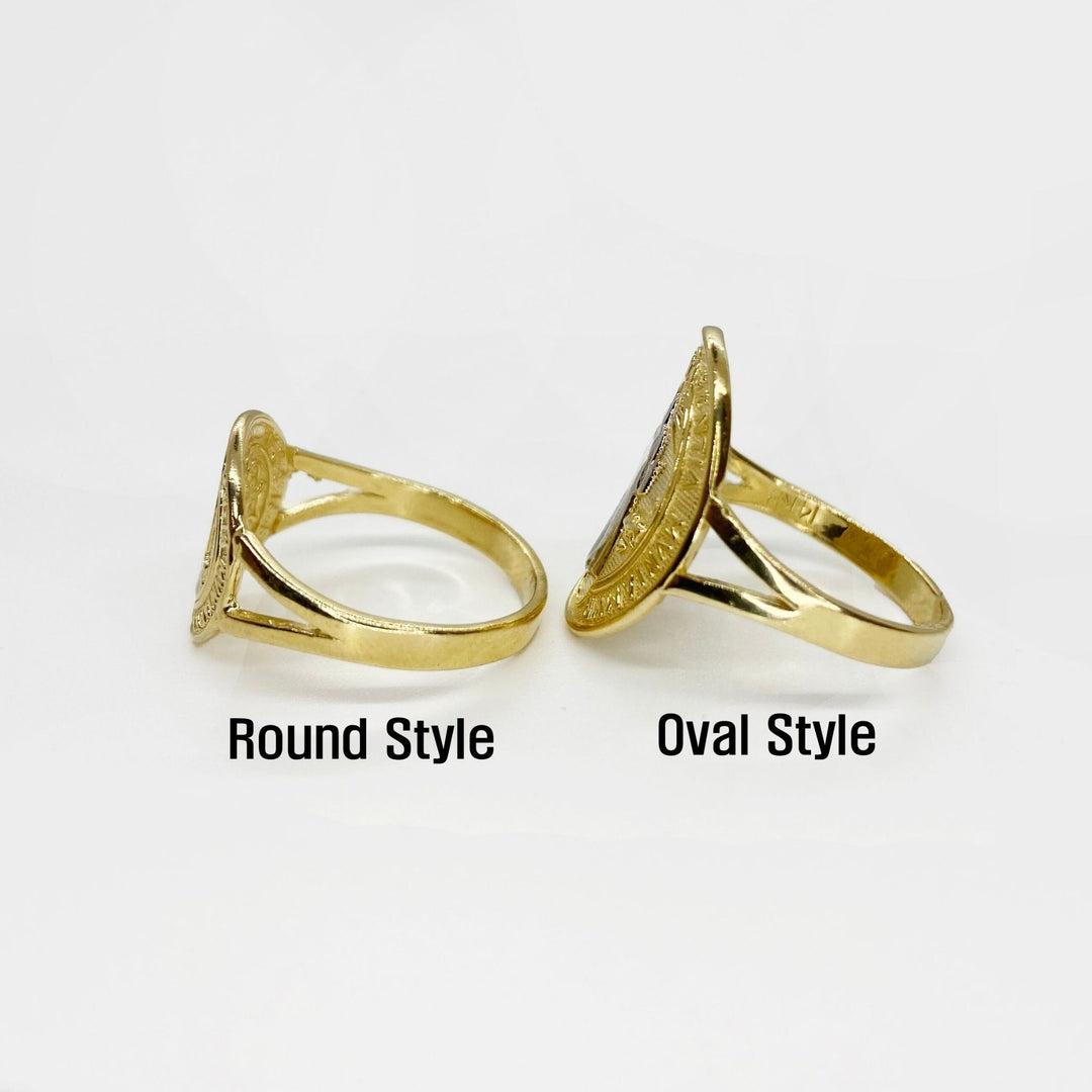 Two 14k gold rings, one round style and one oval style, side view on a white background.