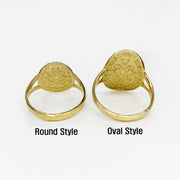 Two 14k gold rings, one round and one oval, back view on a white background.