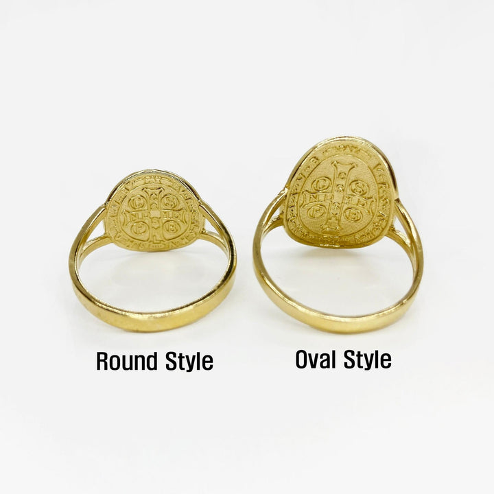 Two 14k gold rings, one round and one oval, back view on a white background.